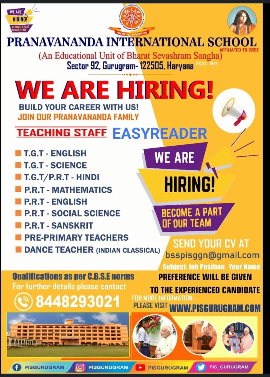 School Jobs at  Pranavananda International School ,  Gurgaon